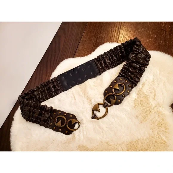 Womens L/XL Chocolate Ruched Elastic Cinch Wide Belt Brass Hook Art Deco Studded - Picture 2 of 14